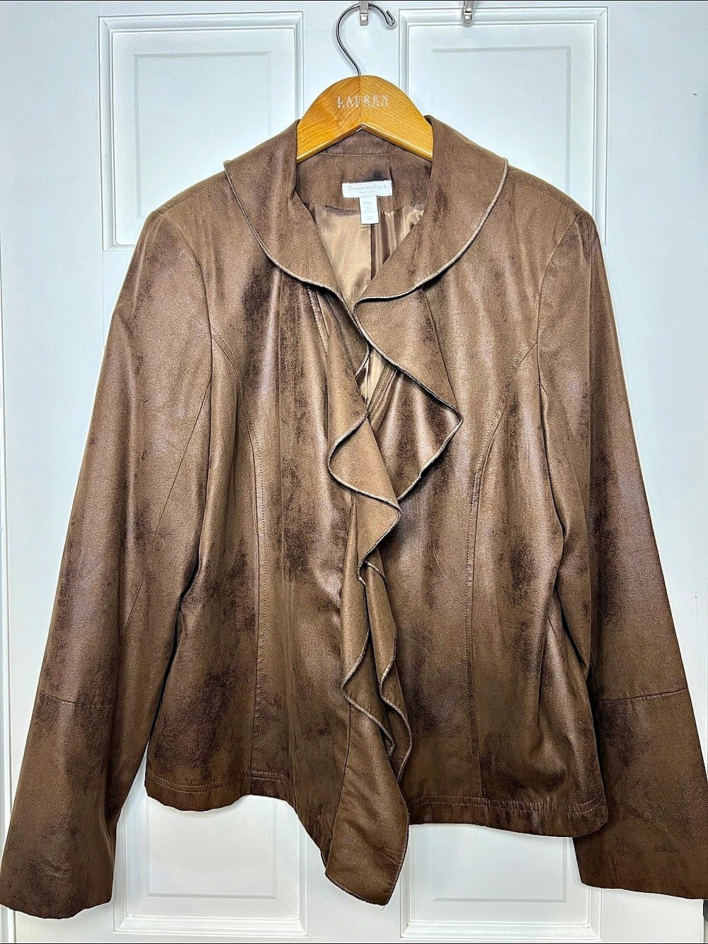 Charter Club Brown Faux Suede Leather Ruffle Front Jacket Sz PXL